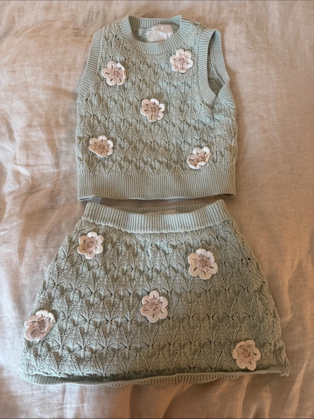 Zara Kids Sage Green Crochet Flower Knit Matching Set